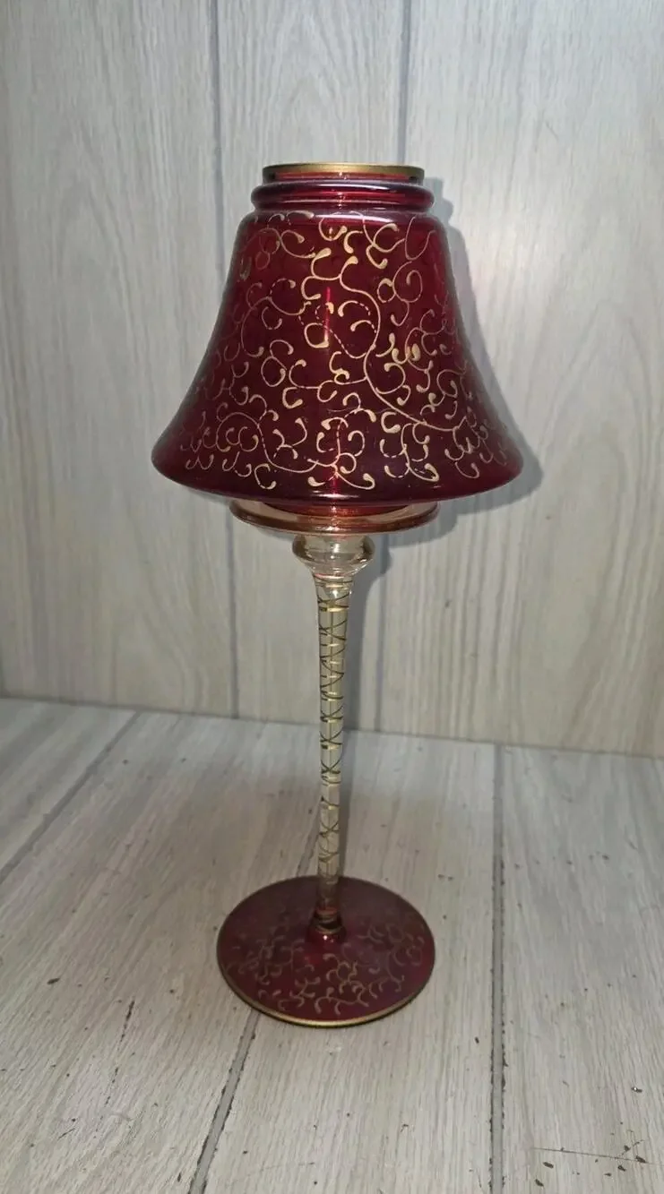 Vtg Ruby Red Gold Romanian Tall Tea Light Mouth Blown Hand Decorated Victorian